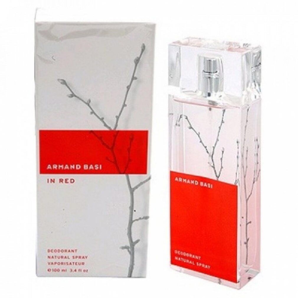 Armand Basi In Red Eau de Toilette Damen. Flacone e confezione. Bianco, rosso, trasparente. Decorazione con rami.