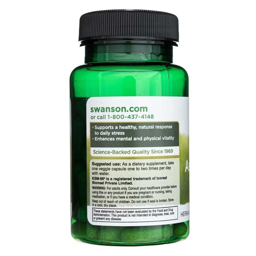 Retro di un flacone verde di Swanson Ultimate Ashwagandha, Swanson.com e istruzioni per l'uso.