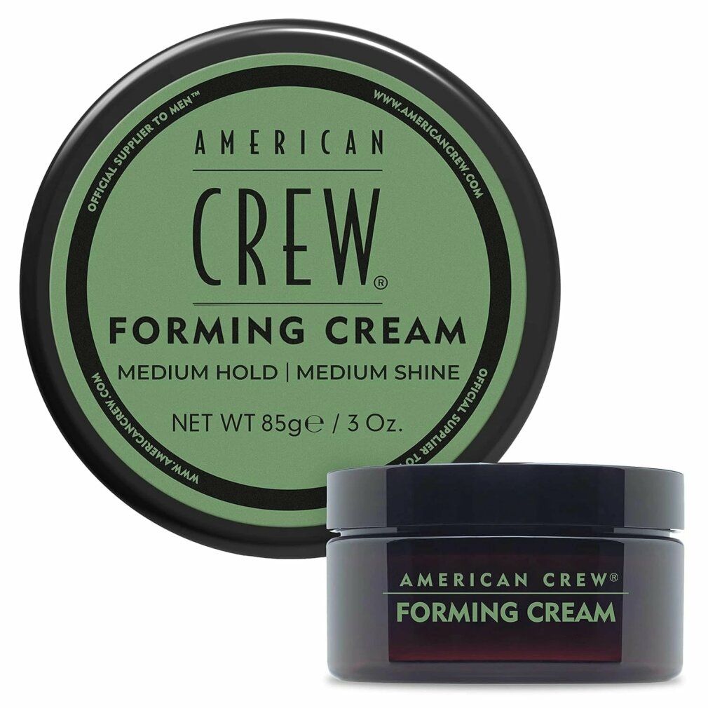 Due barattoli. Un barattolo grande e rotondo e un barattolo piccolo e rettangolare. Entrambi con coperchio nero ed etichette verdi. Nome prodotto: Forming Cream.