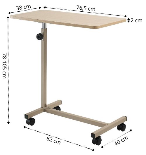Tavolo da letto con piano rettangolare, regolabile in altezza, su ruote. Dimensioni: 76,5 x 38 x 2 cm, altezza 78-105 cm.