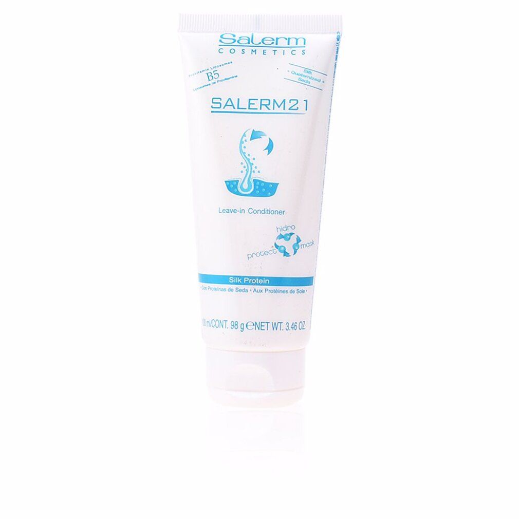 Tubo bianco con testo blu. Contiene Salerm21 Leave-in Conditioner. Nome del prodotto e logo visibili.