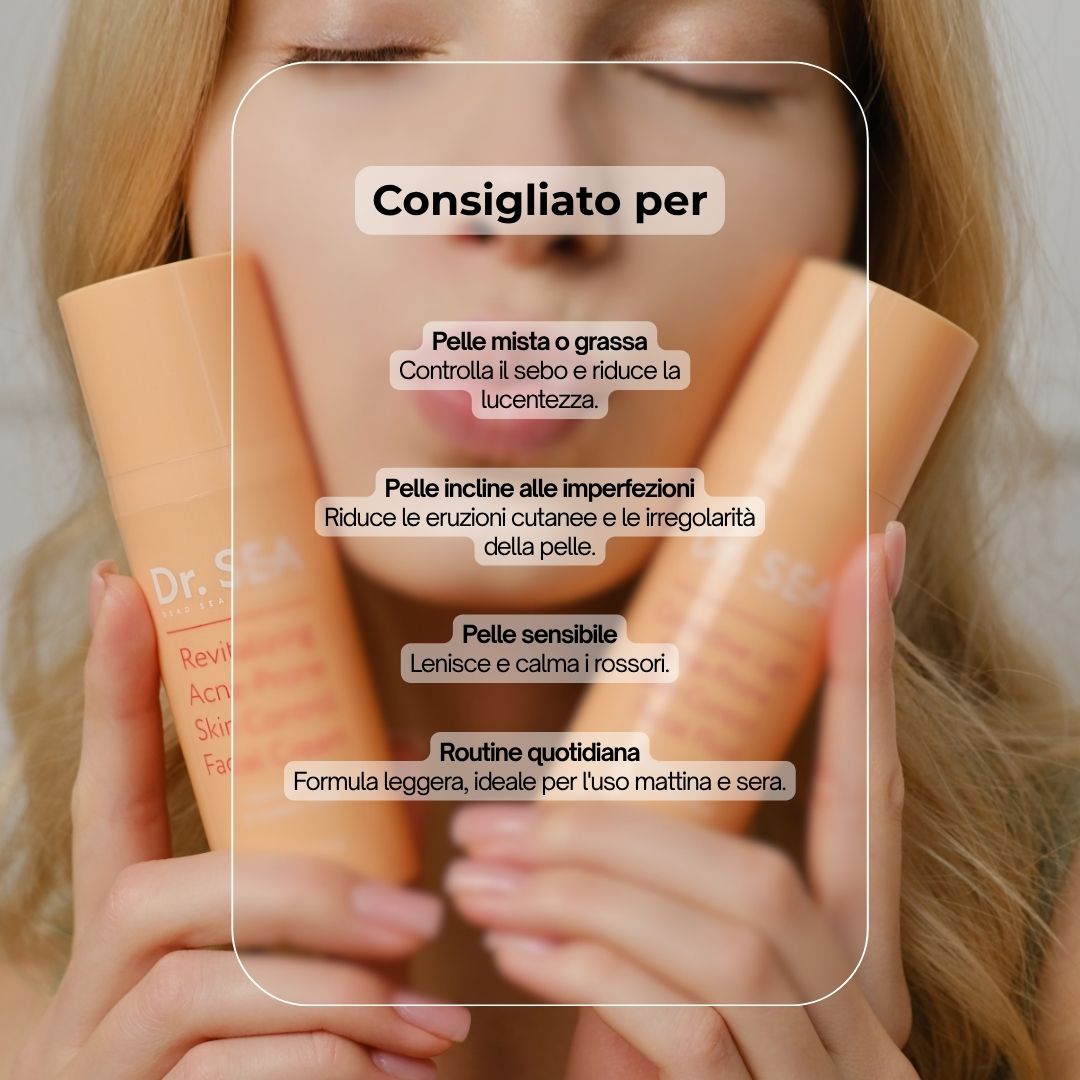 Due tubi di crema. Testo: Dr. SEA, Revitalizing Acne-Prone Skin Control Facial Cream. Consigliato per pelli miste, impure.