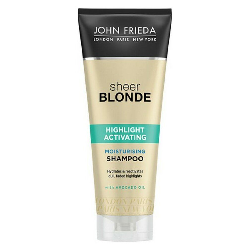 Tubo di shampoo John Frieda Sheer Blonde. Tappo nero, corpo dorato, dettagli verdi. Scritta: Highlight Activating Moisturising Shampoo.