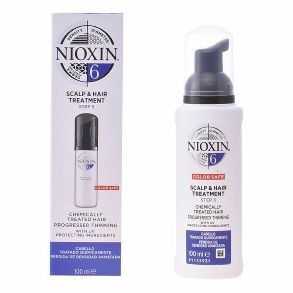 Confezione e flacone. Confezione: Nioxin 6, Scalp & Hair Treatment. Flacone: bianco, erogatore nero. Per capelli trattati chimicamente.