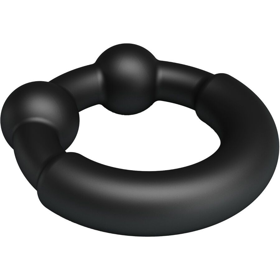 Anello nero con due sfere, visto di lato.
