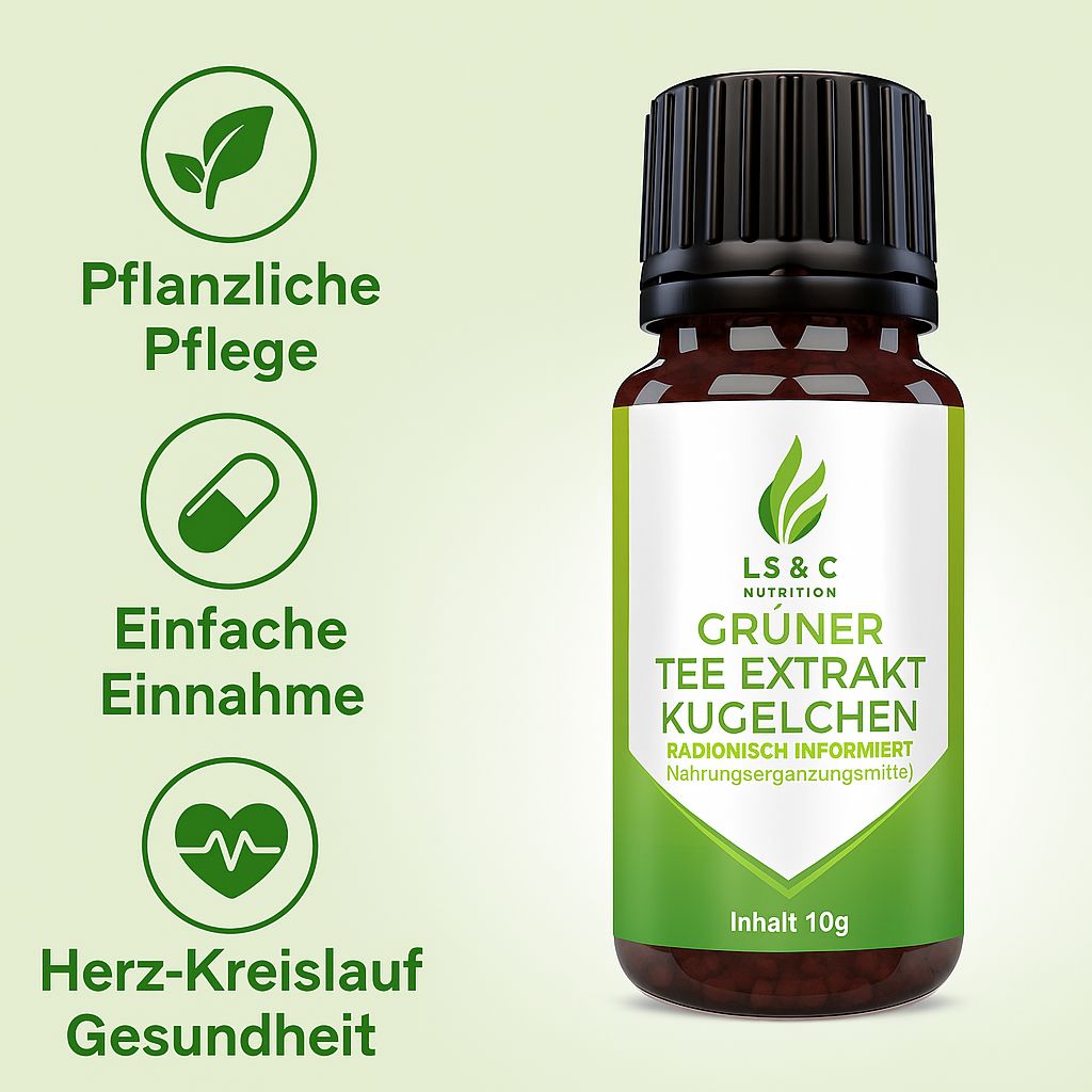 Flacone di vetro marrone con tappo nero. Etichetta bianca con striscia verde e testo: LS & C Nutrition, Grüner Tee Extrakt Kügelchen, contenuto 10g. Simboli: Cura vegetale, facile assunzione, cardiovascolare.