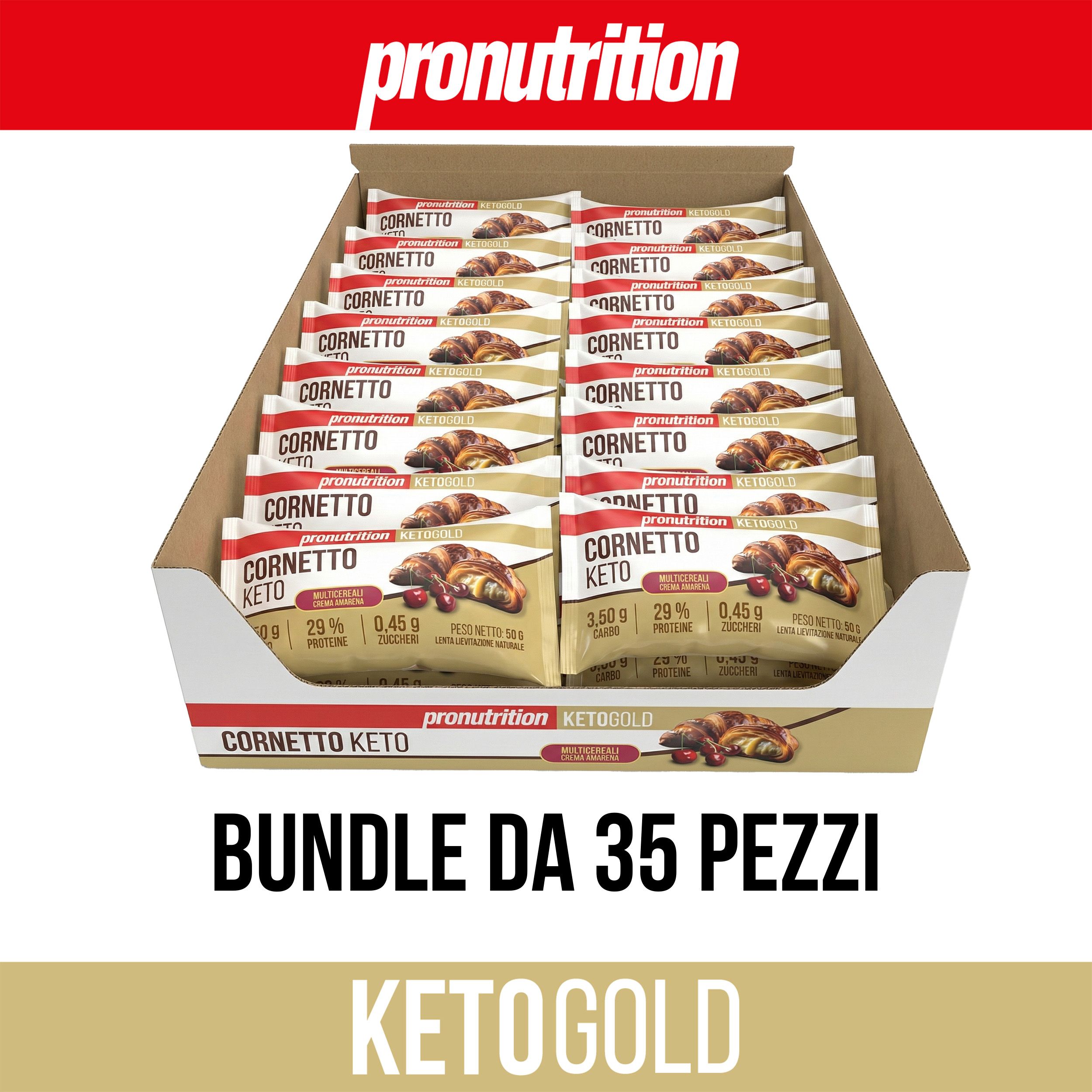 Scatola con 35 Cornetto Keto confezionati singolarmente. Scritte: Pronutrition, Keto Gold, Cornetto Keto, Bundle da 35 pezzi.