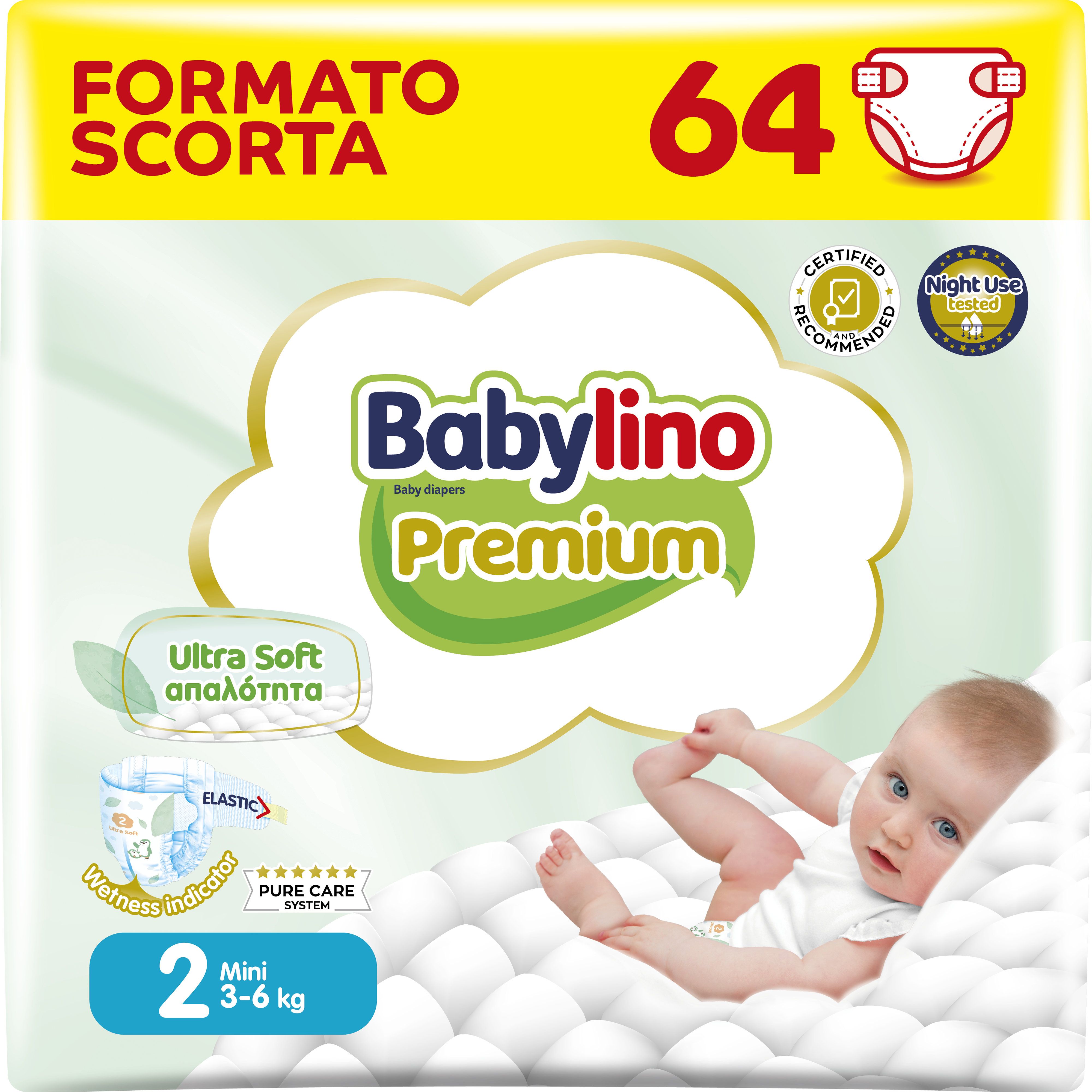 Babylino Premium, Pannolini Neonato Taglia 2 con filtrante ULTRA SOFT, Mini (3-6Kg), 64 Unità