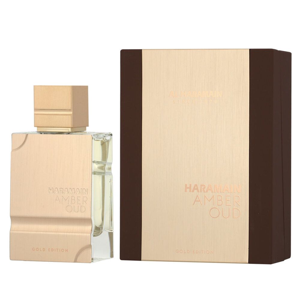 Flacone e confezione dorati. Scritta: Al Haramain Amber Oud Gold Edition. Flacone con tappo quadrato e forma rettangolare.