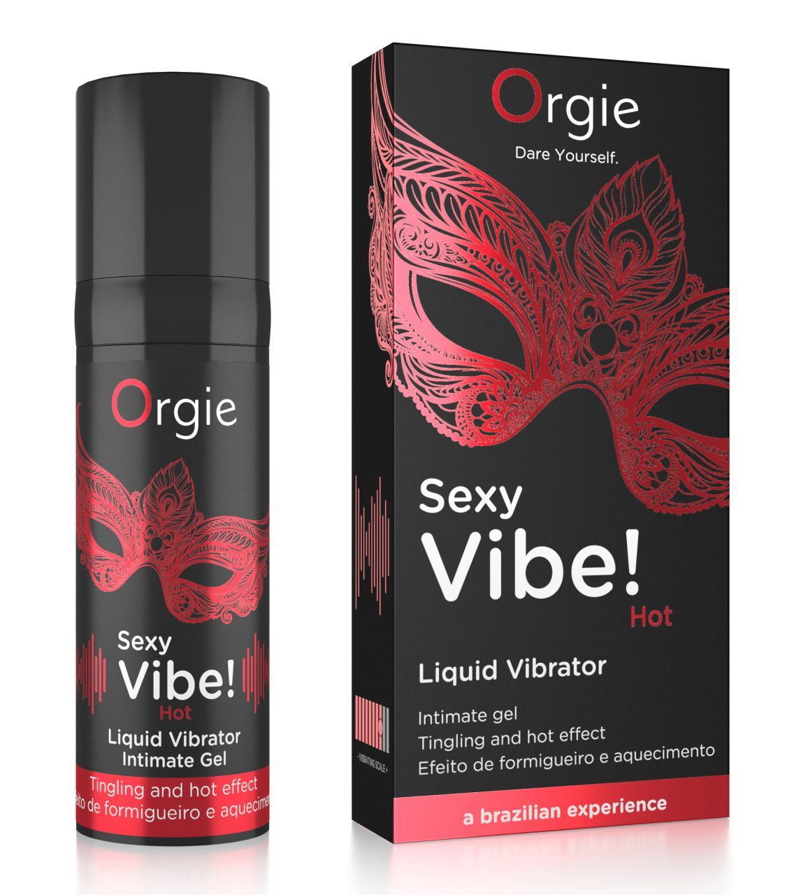 Flacone e confezione Orgie Sexy Vibe Hot Liquid Vibrator con maschera rossa.
