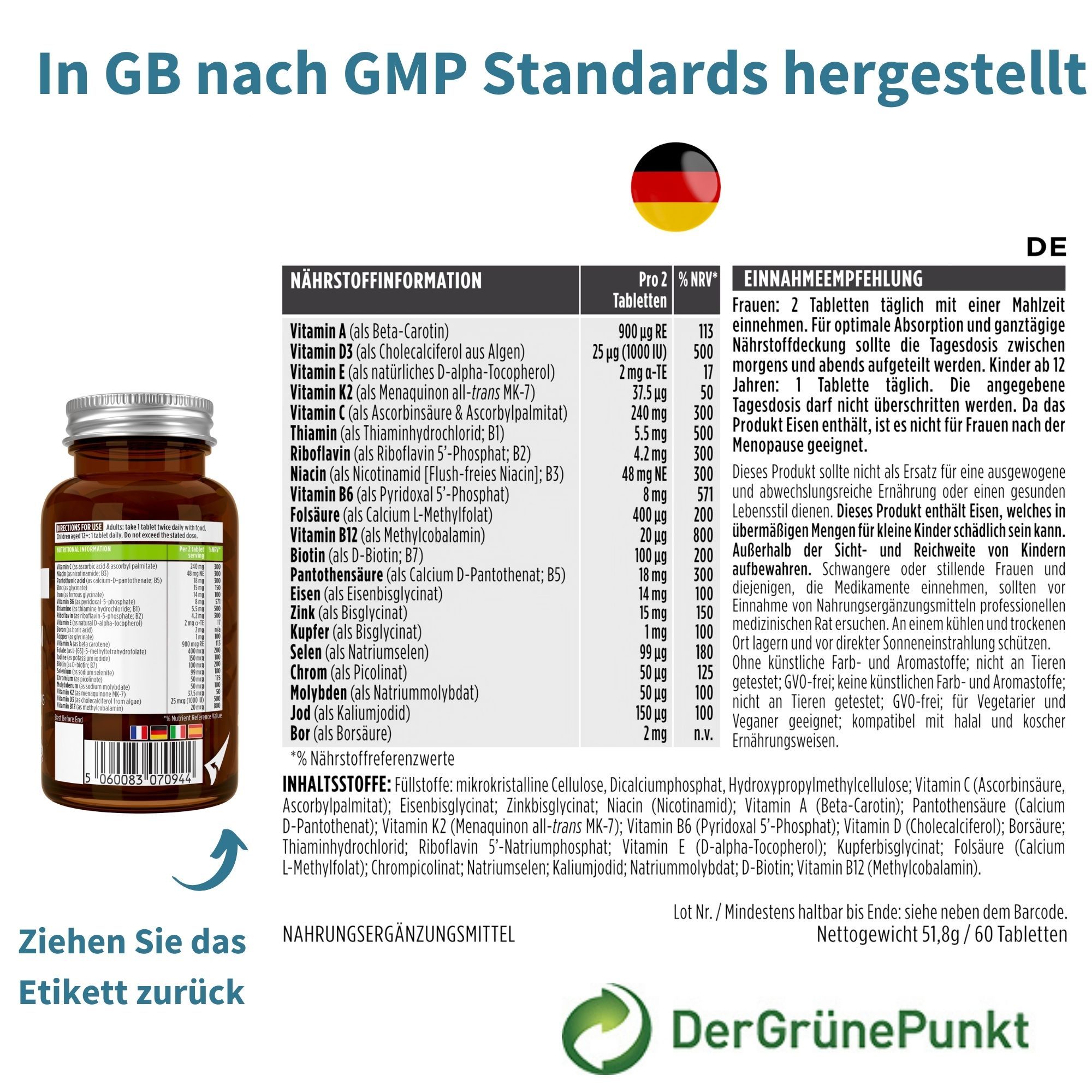 Etichetta con informazioni nutrizionali e testo. Bottiglia con etichetta del prodotto. Testo: Prodotto nel Regno Unito secondo gli standard GMP.