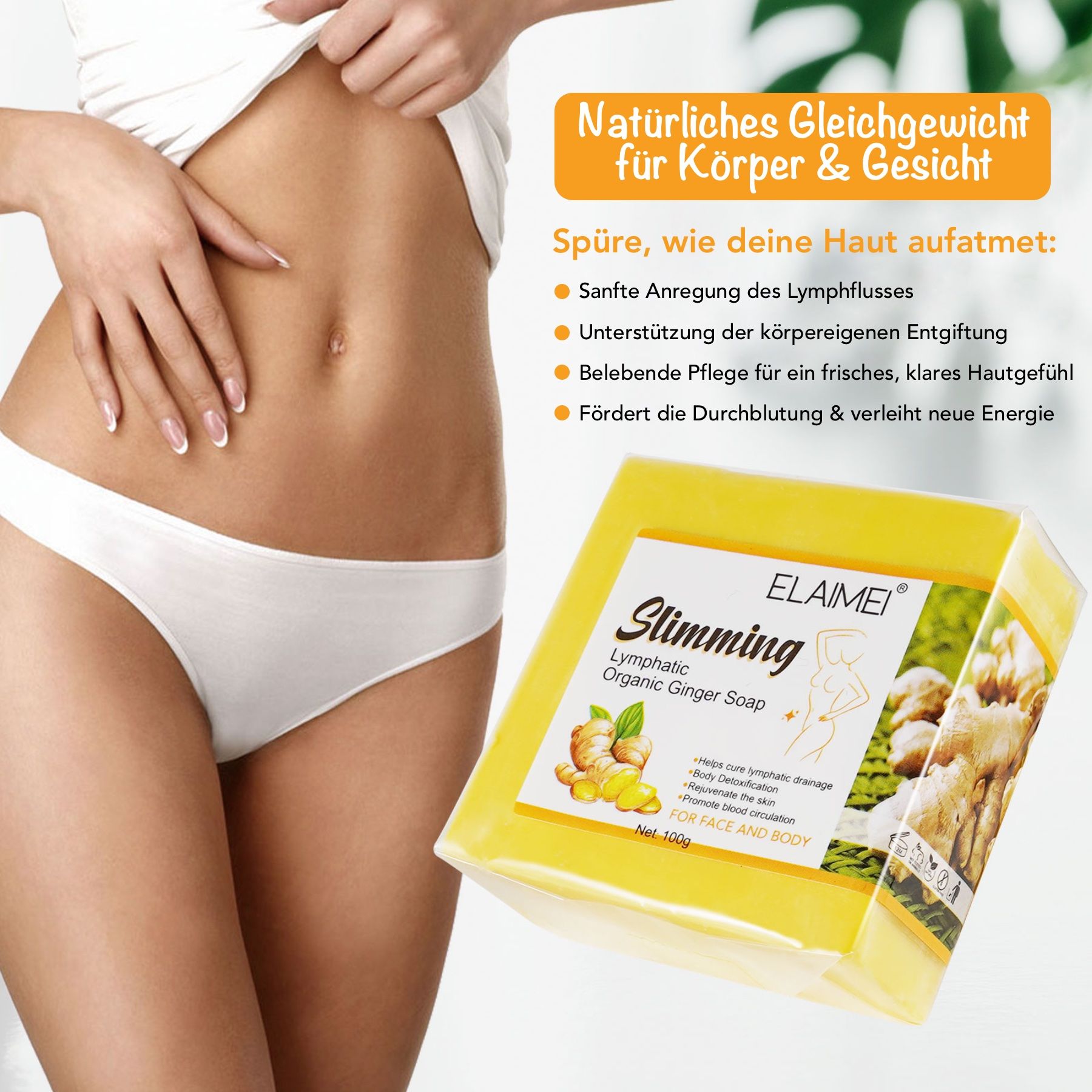 Sapone giallo confezionato. Testo: Slimming Lymphatic Organic Ginger Soap. Donna con pancia. Testo in tedesco.