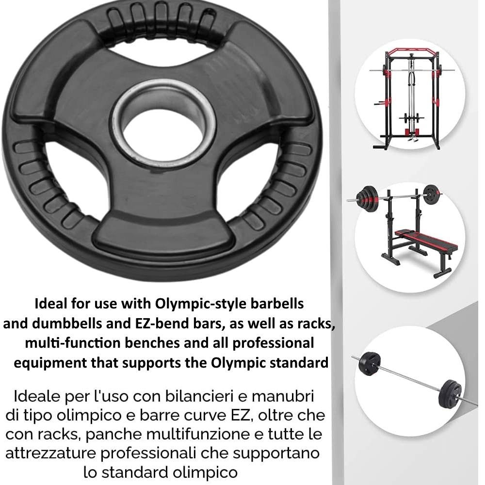 Disco nero con maniglie. Testo: "Ideal for use with Olympic-style barbells and dumbbells".