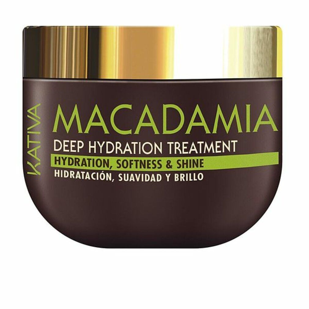 Barattolo marrone con coperchio dorato. Scritta: MACADAMIA, Deep Hydration Treatment. Testo verde e bianco. Logo Kativa.