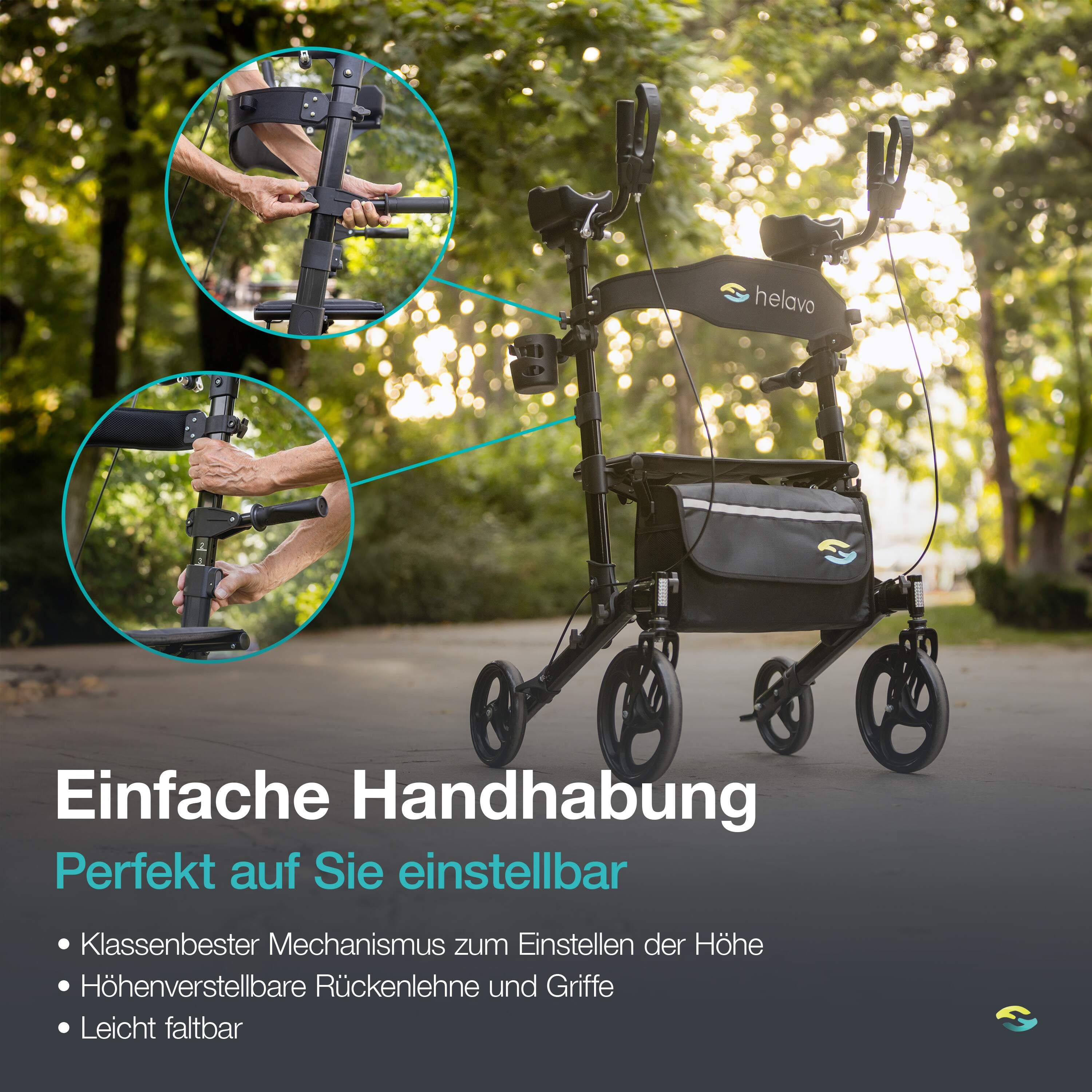 Primo piano della regolazione dell'altezza di un rollator nero.