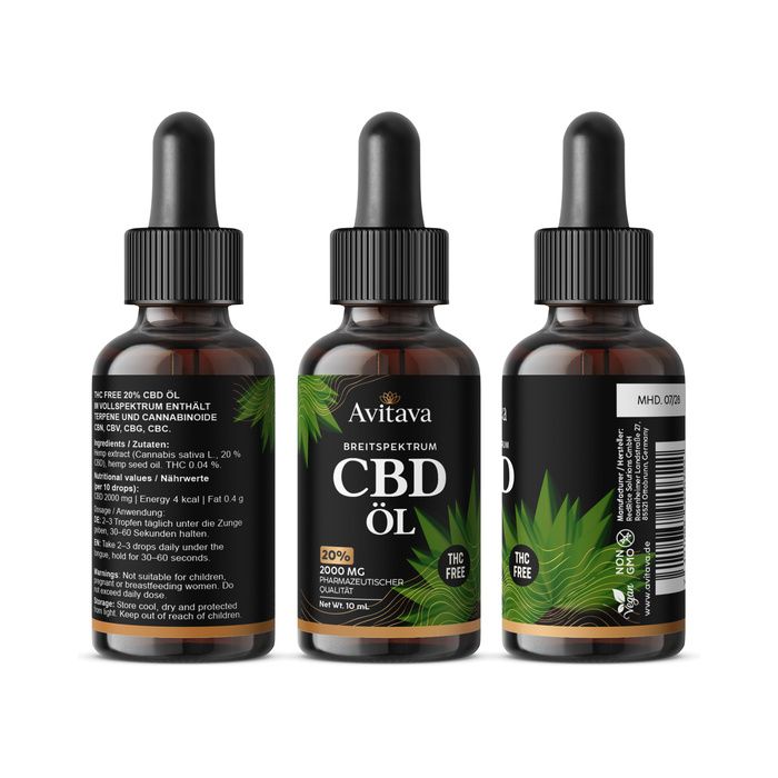 Tre flaconi di olio CBD Avitava con contagocce. Ampio spettro, 20% CBD, 2000 mg, senza THC.