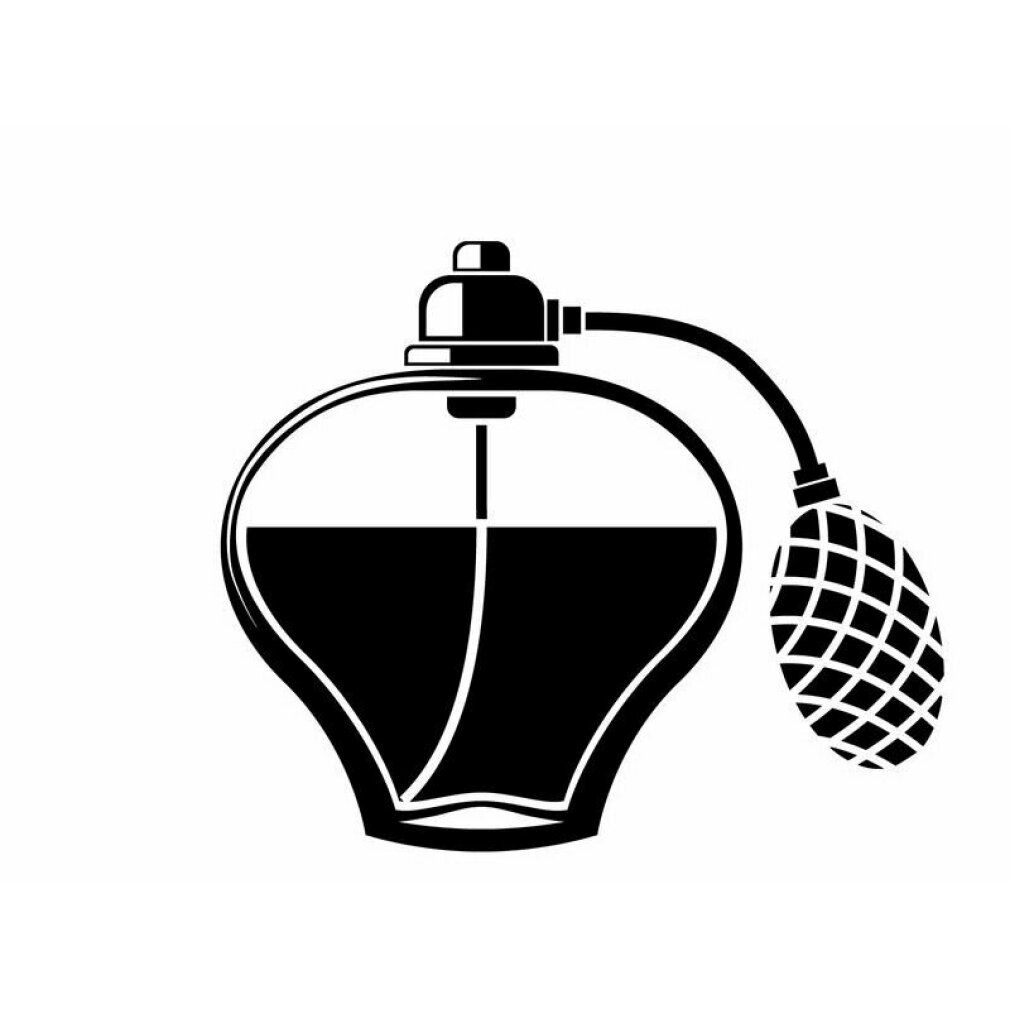 Flacone nero rotondo con vaporizzatore. Liquido visibile.