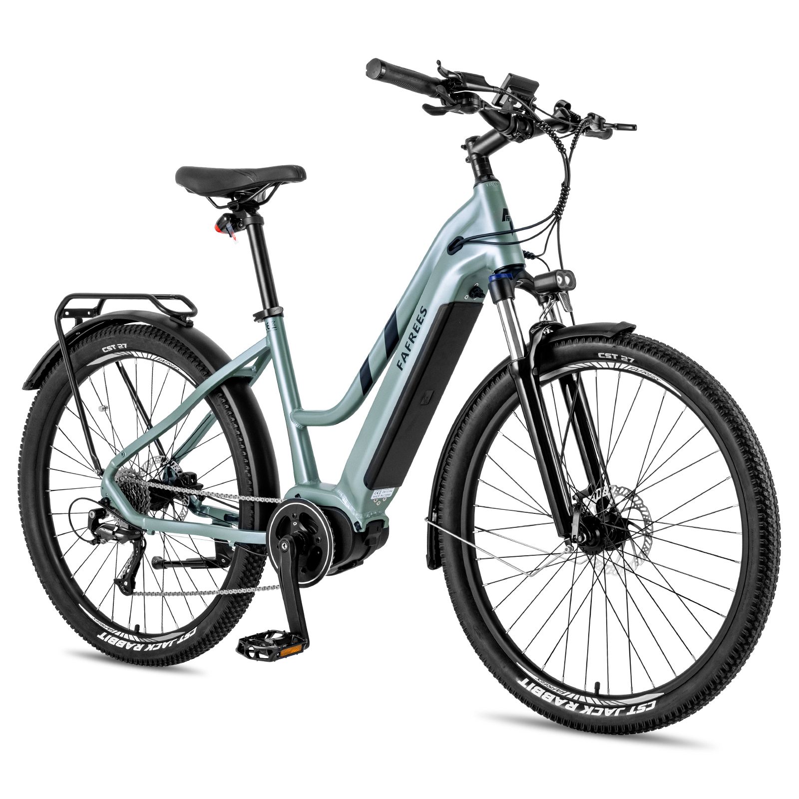 E-bike verde chiaro con motore centrale. Pneumatici neri, parafanghi e portapacchi. Marchio FAFREES.