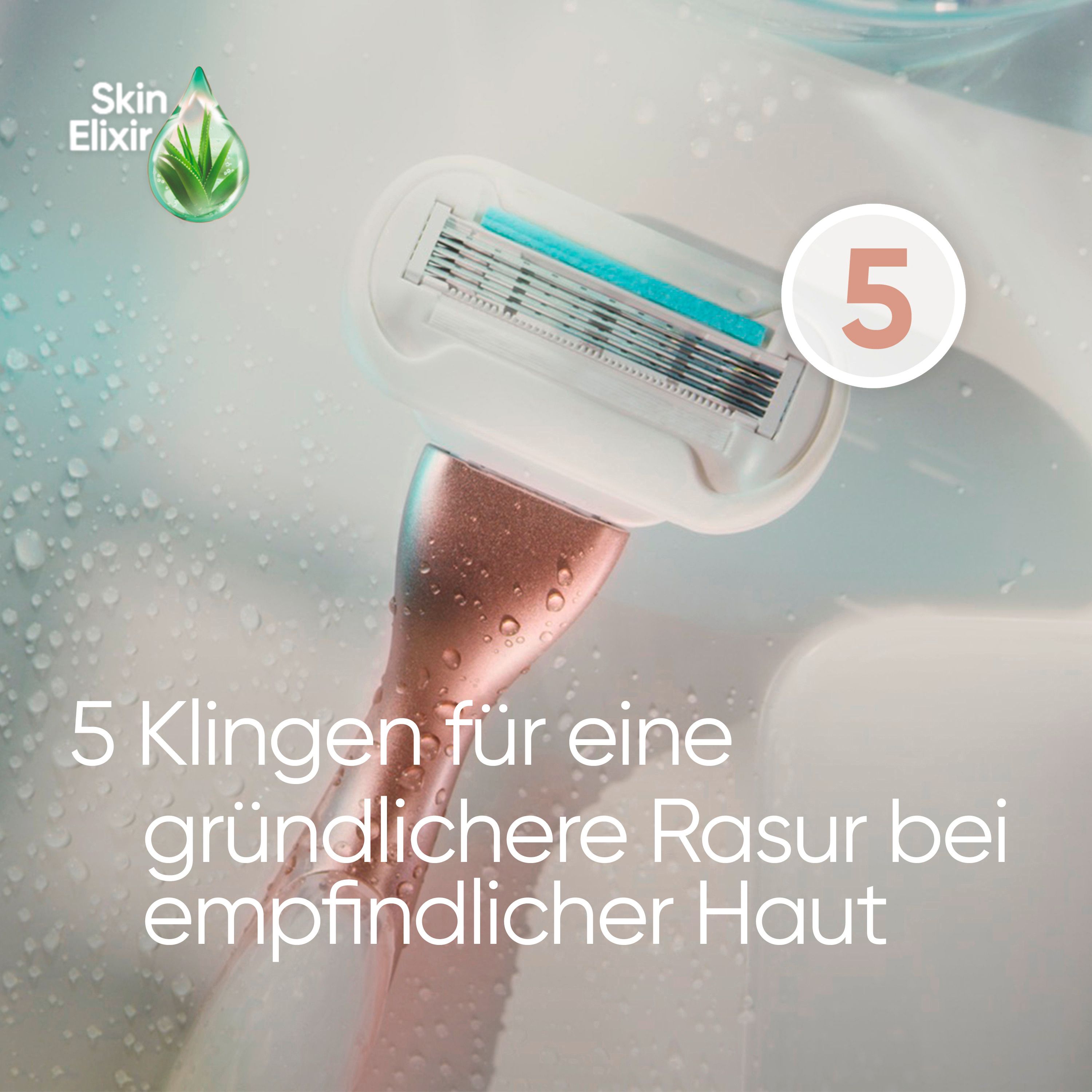 Rasoio con 5 lame. Testo: 5 lame per una rasatura accurata sulla pelle sensibile.