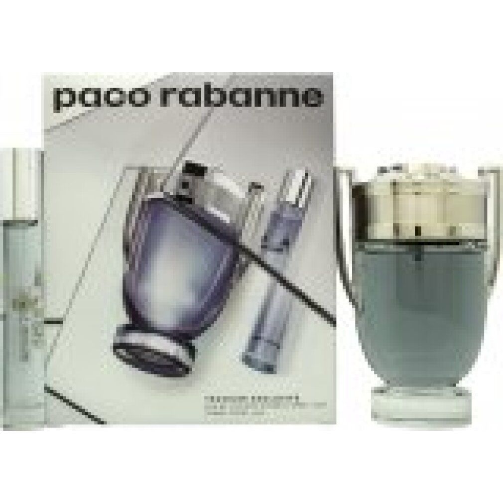 Paco Rabanne Invictus EdT + EdT. Set regalo con flacone, spray da viaggio e confezione. Logo e nome del prodotto. Sfondo azzurro.