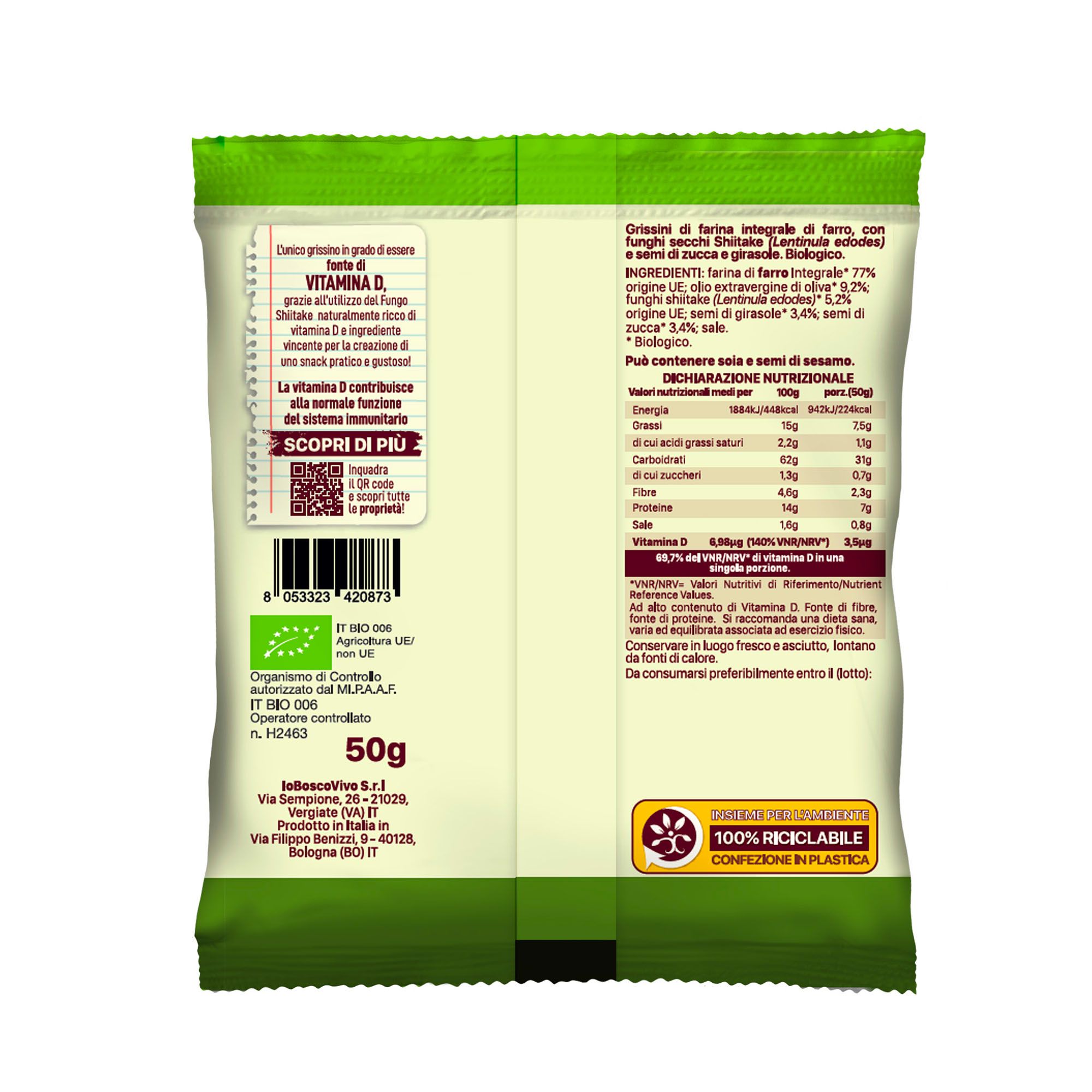 IoBoscoVivo Grissini ai Semi & Shiitake BIO, Senza Lievito, Solo farro integrale con olio Evo
