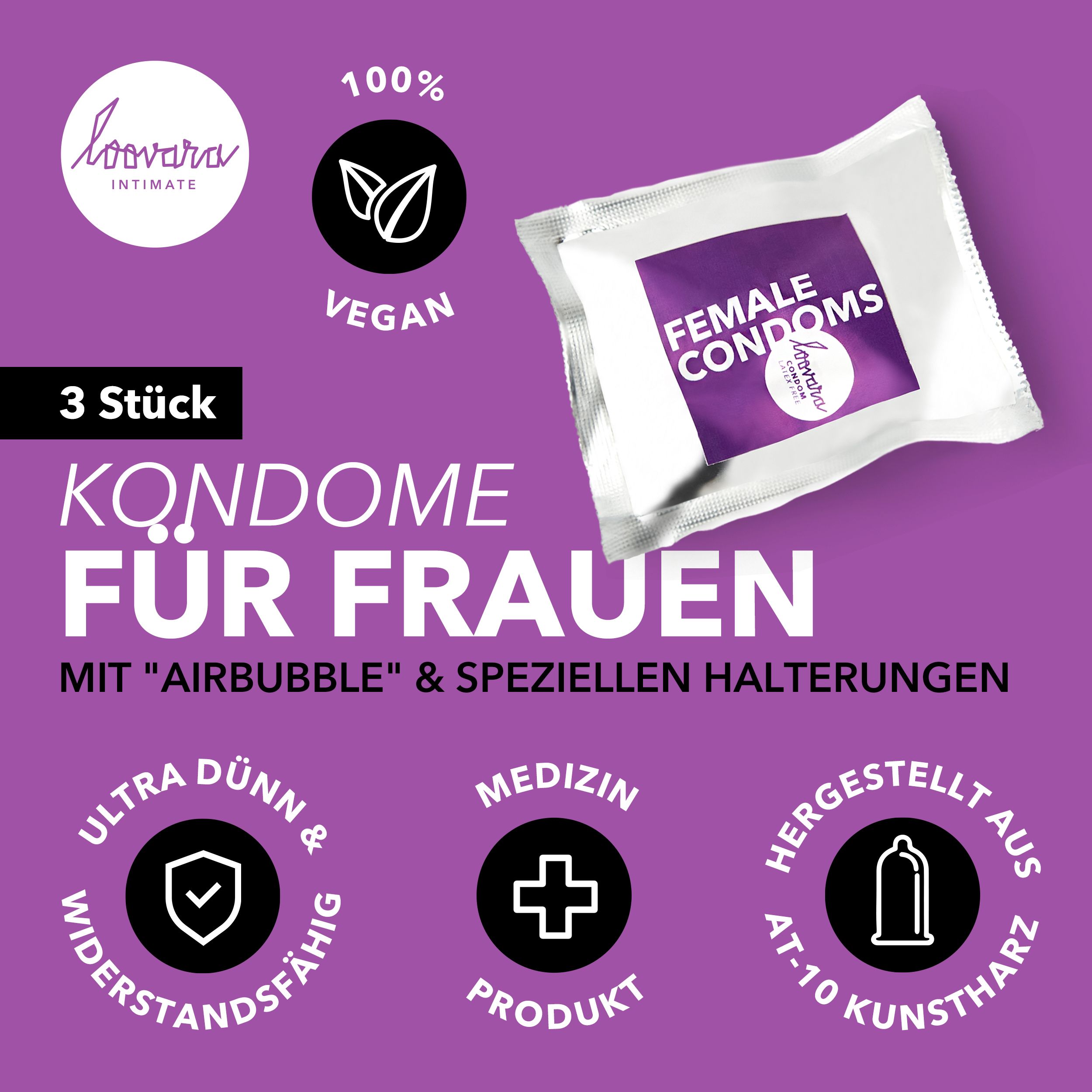 Confezione da 3 preservativi femminili senza lattice, vegani, ultra sottili e ipoallergenici.