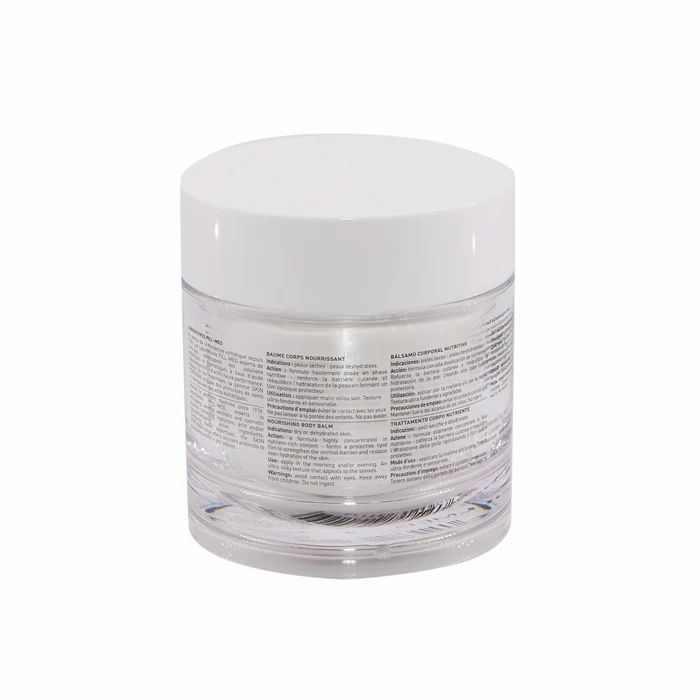 Vaso trasparente con coperchio bianco. Etichetta prodotto con testo. Scritta: Baume Corps Nourrissant.