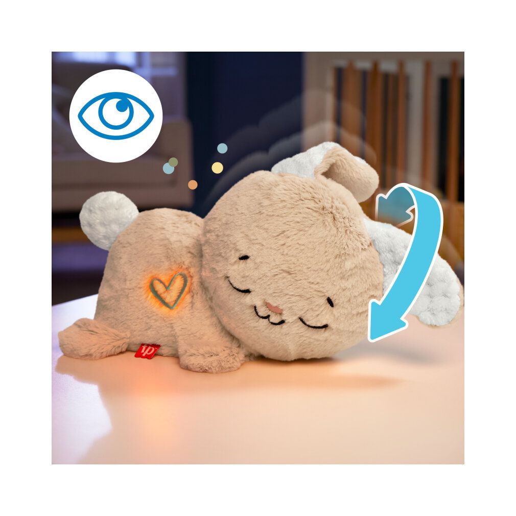 Coniglietto di peluche beige con applicazione a cuore. Simbolo occhio blu e movimento rotatorio.