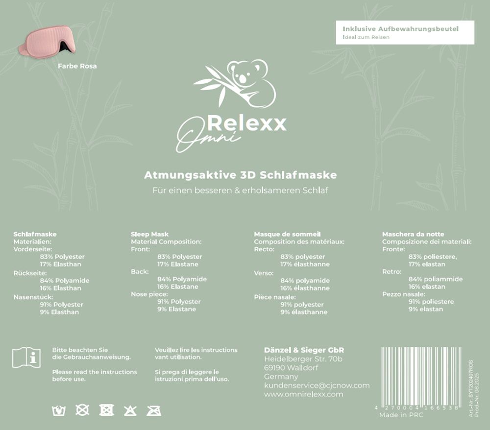 Retro della confezione. Testo: Maschera per dormire 3D traspirante. Composizione del materiale. Marchio OmniRelexx.
