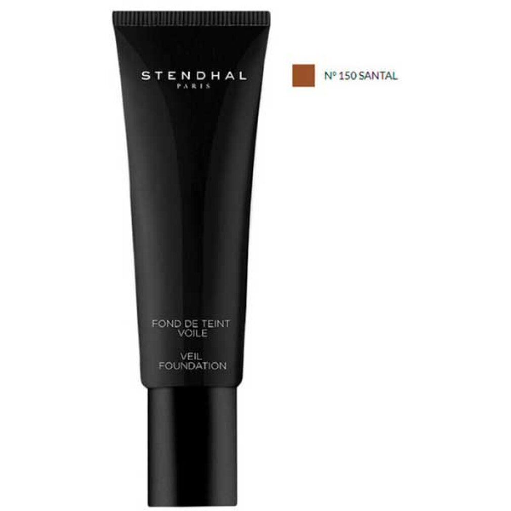 Tubo nero con logo STENDHAL PARIS. Testo: FOND DE TEINT VOILE, VEIL FOUNDATION. Tonalità n. 150 SANTAL. Campione colore.