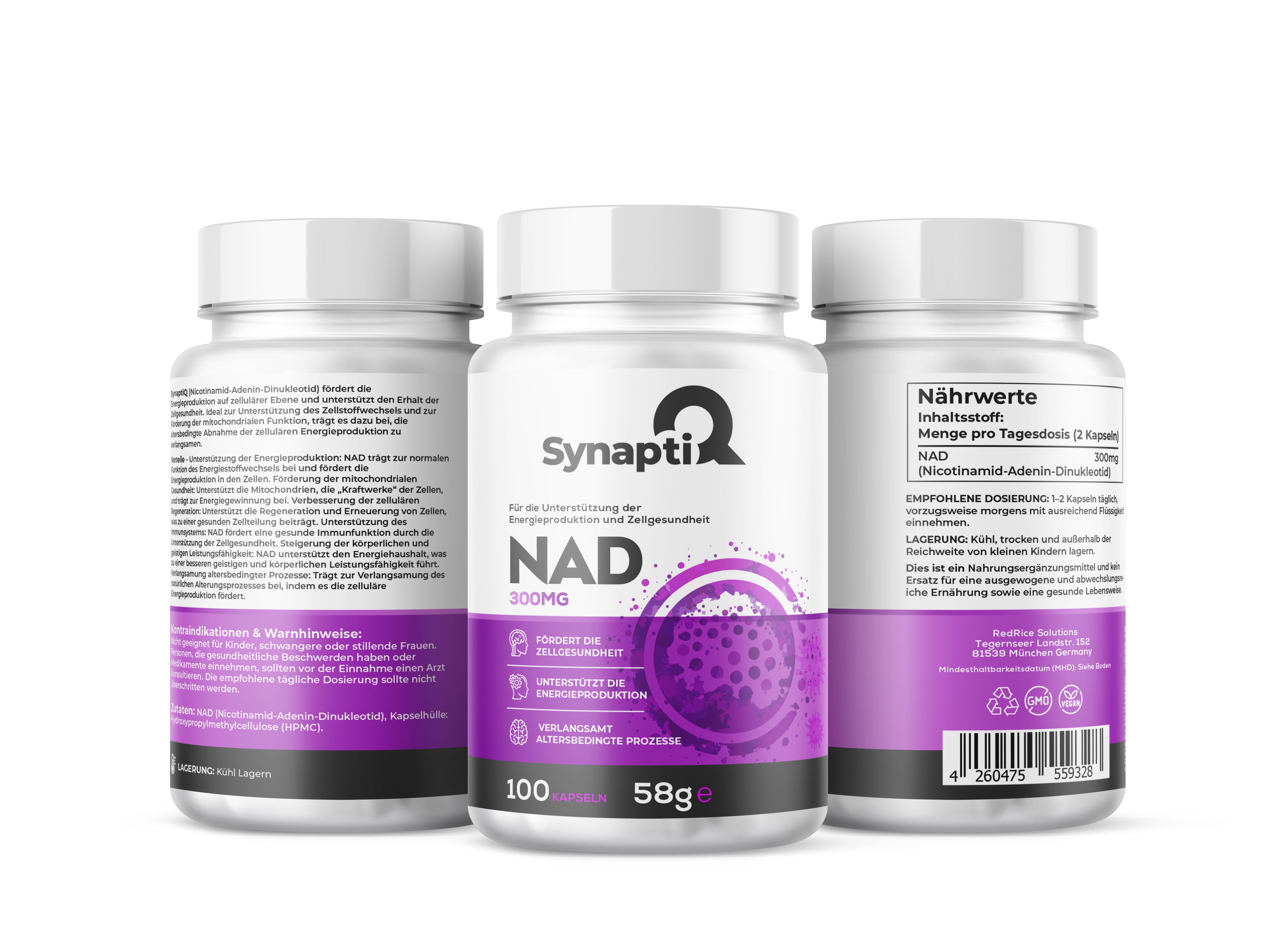 Tre bottiglie bianche con etichette viola. Scritta: SynaptiQ, NAD 300mg. Contiene 100 capsule, 58g.