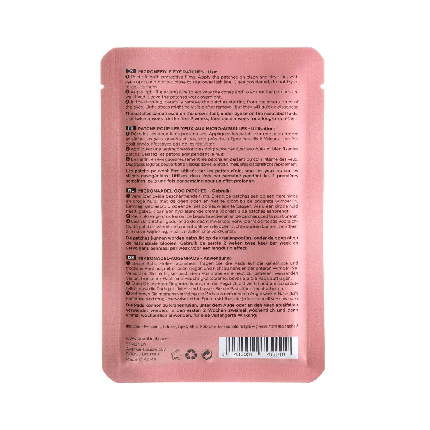 Retro della confezione rosa BEAUTICAL. Testo multilingue. Contiene istruzioni per l'uso.