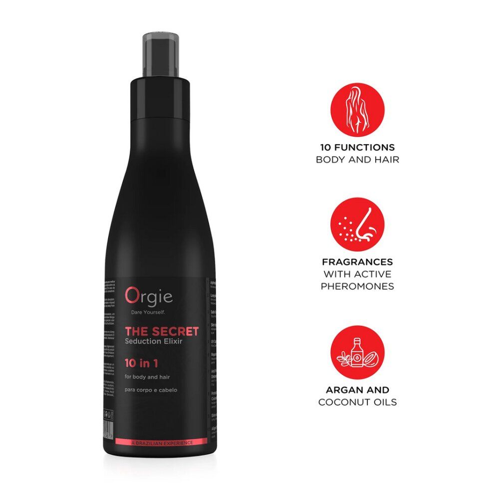 Orgie The Secret Seduction Elixir 10 in 1 flacone con erogatore. Contiene oli di argan e cocco.