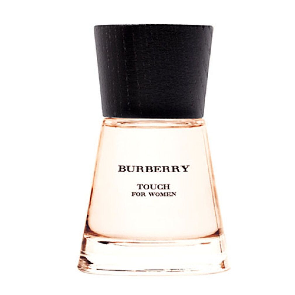 Burberry Touch for Women Eau de Parfum Spray. Flacone in vetro con tappo in legno nero. Nome del prodotto e logo sul flacone.