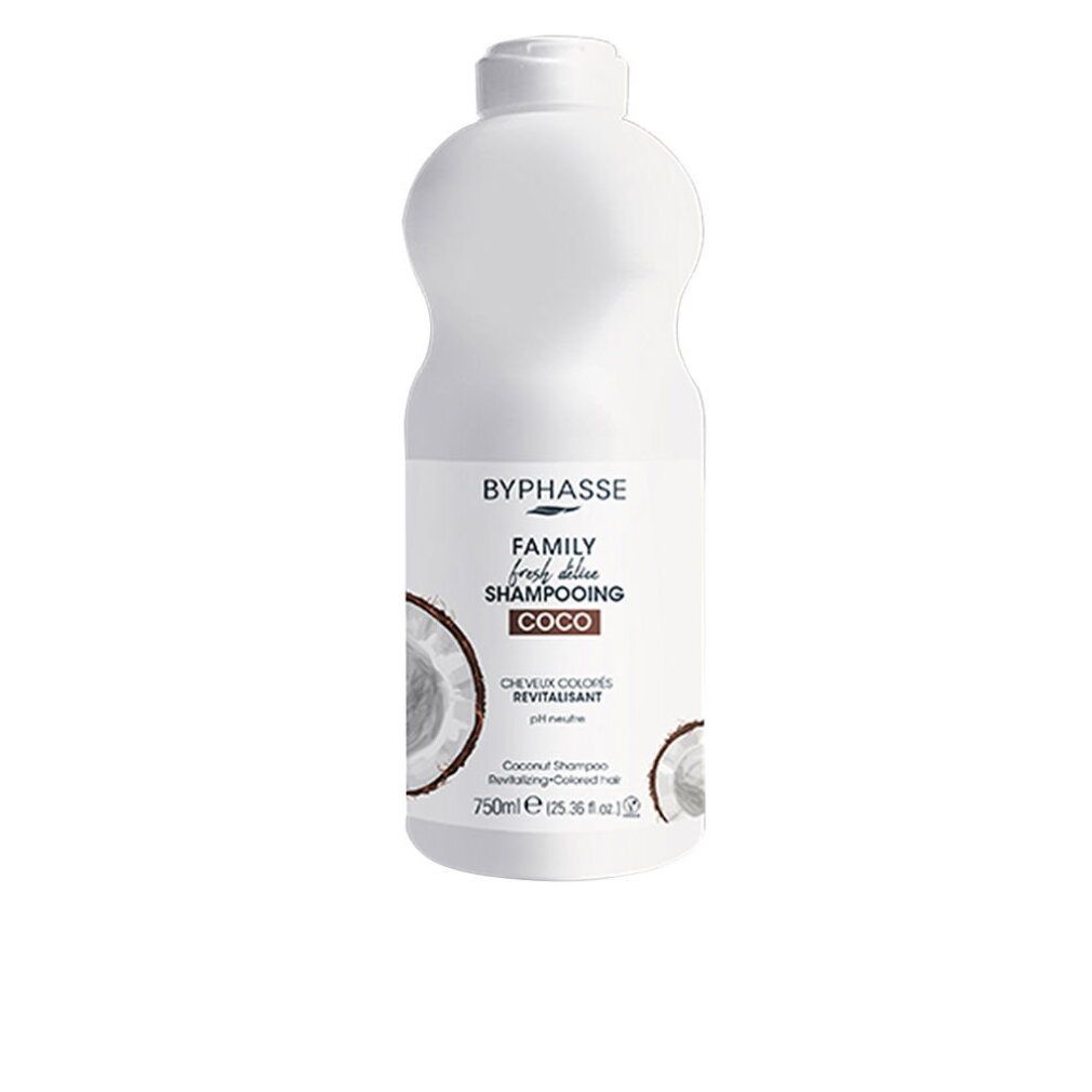 Flacone bianco BYPHASSE FAMILY Shampooing Coco, 750ml, con motivo cocco.