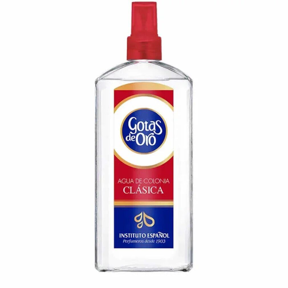 Flacone trasparente con vaporizzatore rosso. Etichetta con logo e scritta 'Gotas de Oro Agua de Colonia Clasica'.