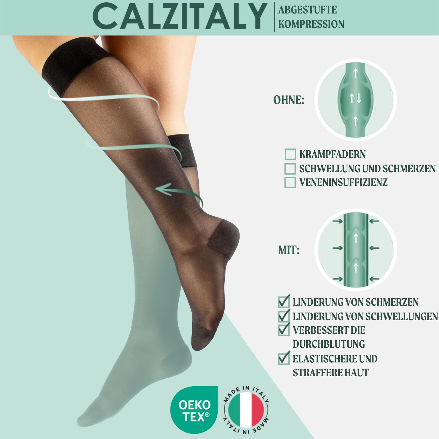 Calze a compressione CALZITALY. Vantaggi: sollievo dal dolore, riduzione del gonfiore. Nere.