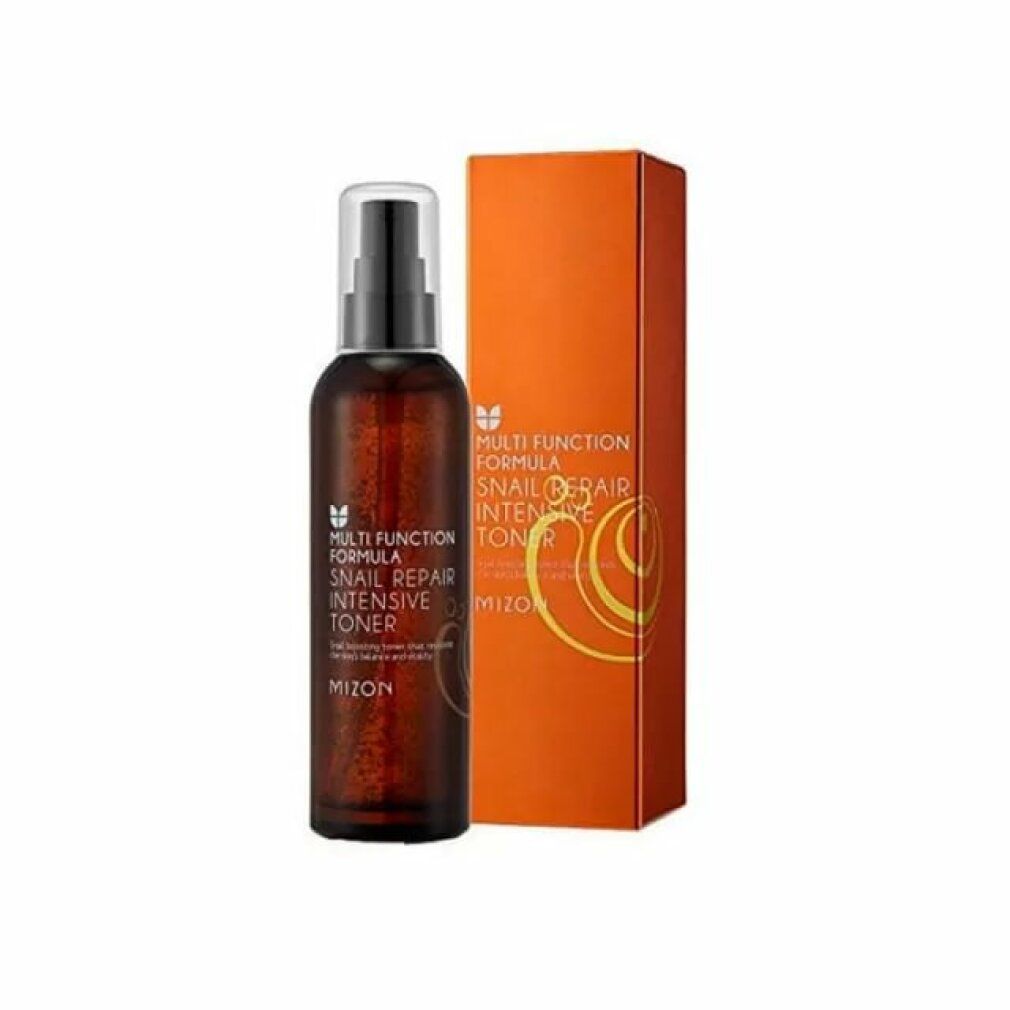 Flacone marrone con vaporizzatore e confezione arancione. Scritta: Multi Function Formula, Snail Repair Intensive Toner. Marchio: MIZON.