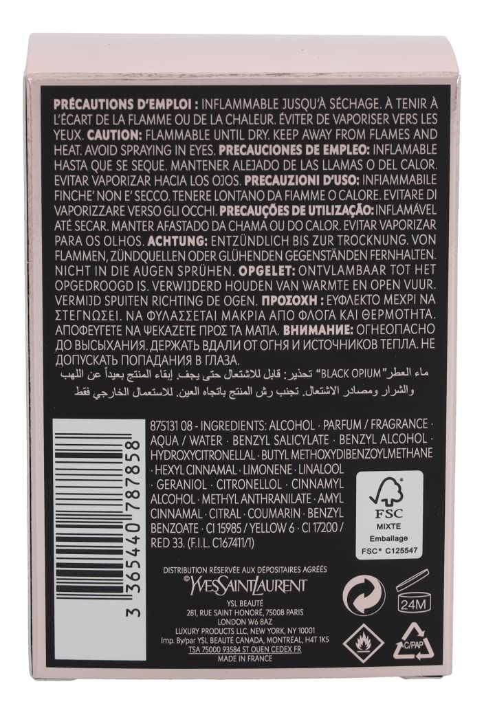 Retro della confezione di Black Opium Eau De Parfum Spray. Testo multilingue. Certificazione FSC e ingredienti.