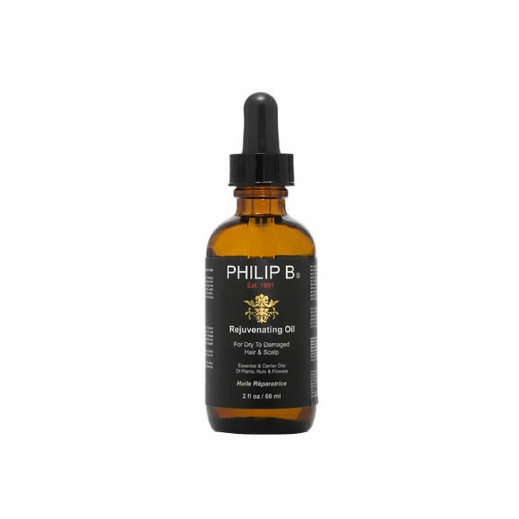 Flacone di vetro marrone con contagocce. Scritta: Philip B. Rejuvenating Oil. Per capelli secchi e danneggiati e cuoio capelluto. 2 fl oz / 60 ml.
