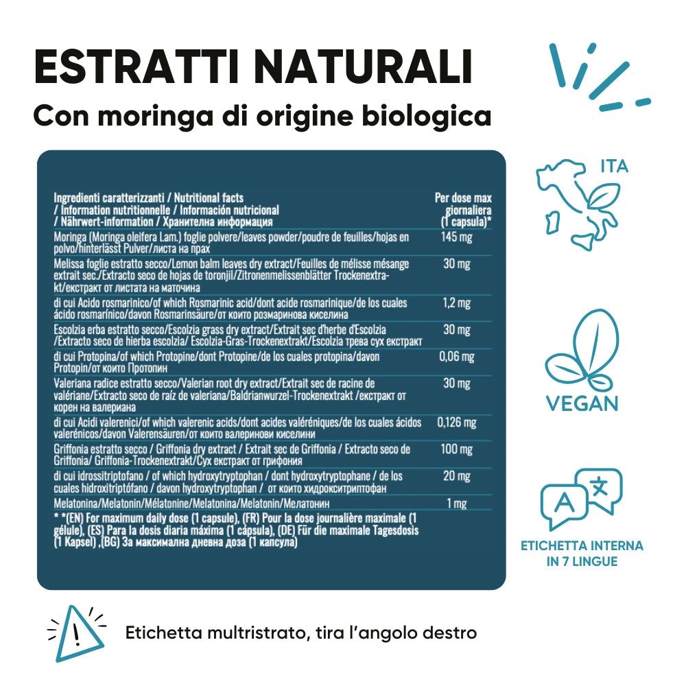 Testo: Estratti naturali con moringa bio. Ingredienti, informazioni nutrizionali. Vegano. Etichetta in 7 lingue. Avvertenza: staccare l'etichetta.