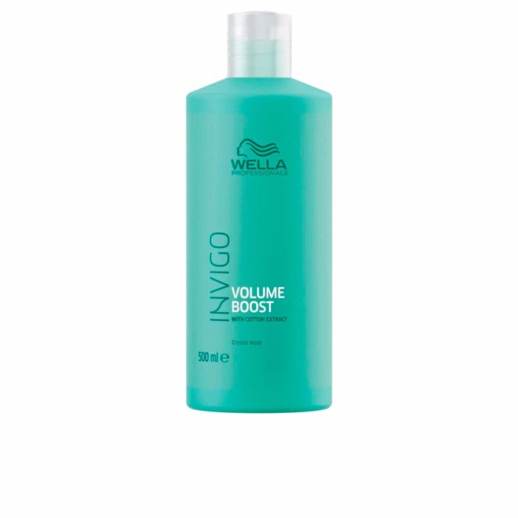 Flacone turchese con tappo bianco. Scritta: Wella Invigo Volume Boost. Con estratto di cotone. 500 ml.