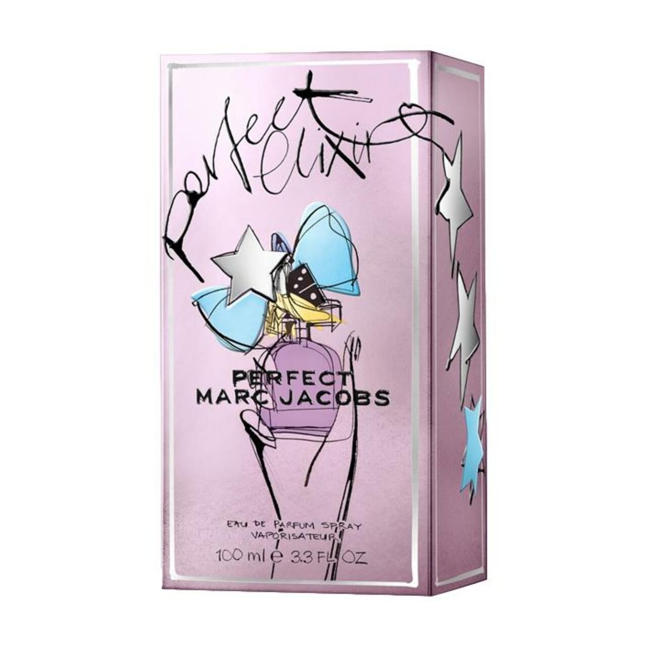 Confezione con scritta: PERFECT MARC JACOBS ELIXIR. Illustrazione di un flacone. Stelle su sfondo rosa.