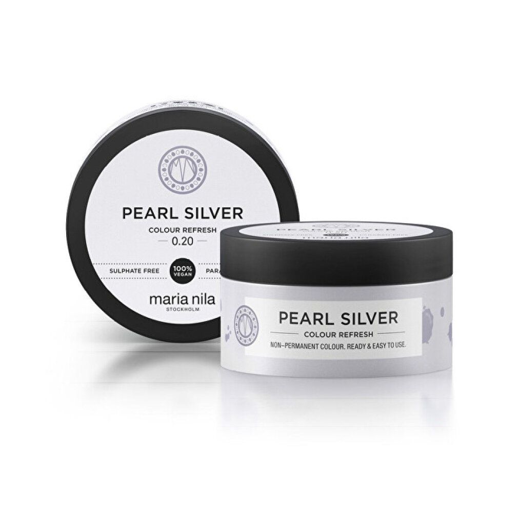 Due barattoli, uno con coperchio, uno senza. Scritta: PEARL SILVER COLOUR REFRESH. 0.20. Vegan. Maria Nila Stockholm.