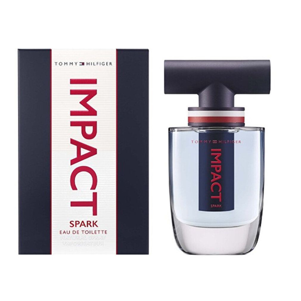 Tommy Hilfiger Impact Spark Eau de Toilette con confezione. Flacone con tappo nero, confezione con testo rosso.
