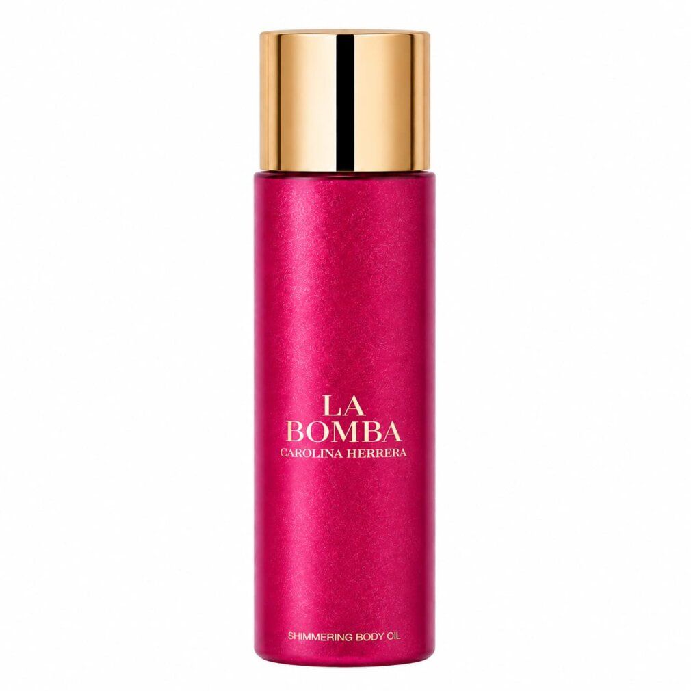 Olio corpo scintillante La Bomba di Carolina Herrera in flacone rosa scintillante con tappo dorato.