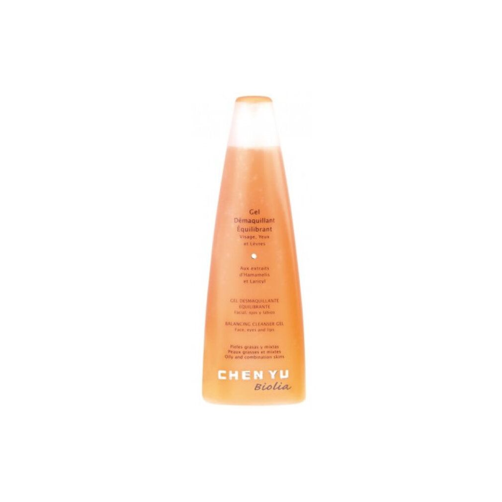 Flacone arancione con tappo bianco. Scritta: Gel Demaquillant Equilibrant, Chen Yu Biolia. Per pelli grasse e miste.