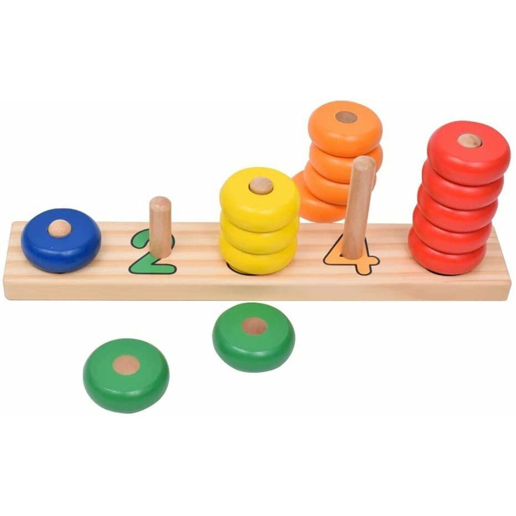 Puzzle in legno con anelli colorati su tavola. Anelli: blu, verde, giallo, arancione, rosso. Numeri 2 e 4.