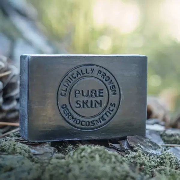 Sapone nero su legno. Scritta: Pure Skin, clinicamente testato. Forma rettangolare. Sfondo naturale.