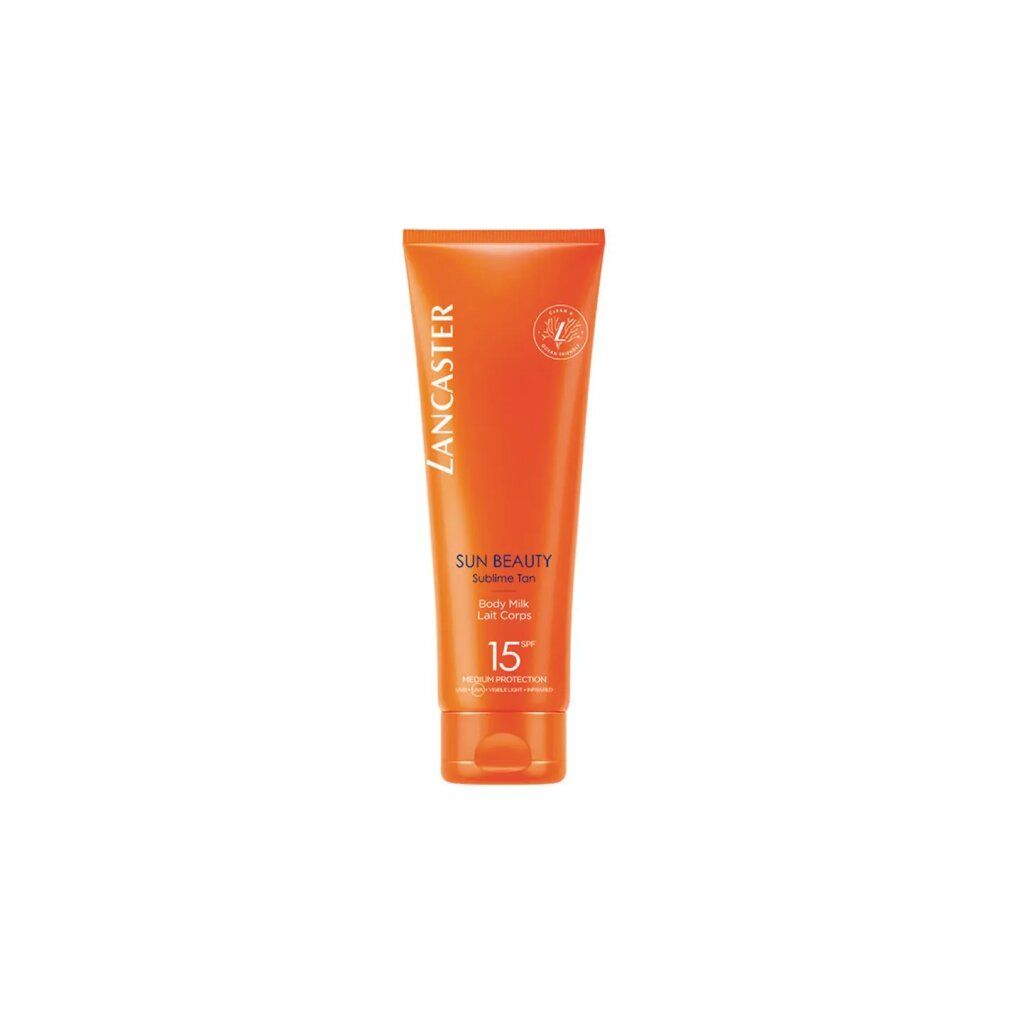 Tubo arancione di Lancaster Sun Beauty Sublime Tan Body Milk SPF15. Testo: SPF15, Protezione media.